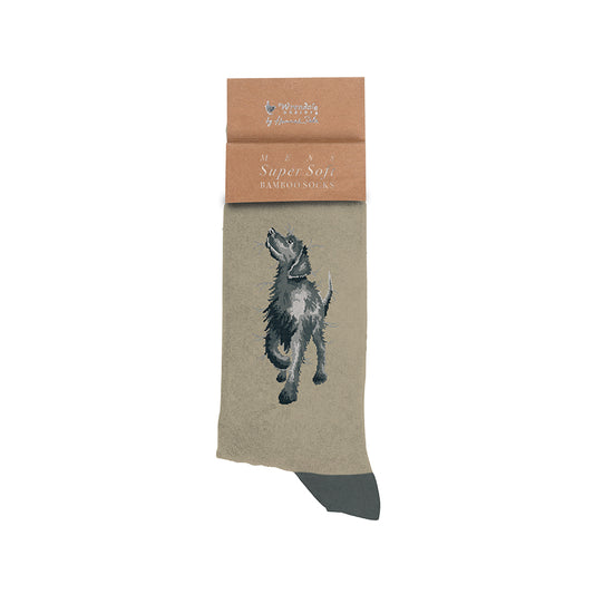 Men's super soft bamboo socks with a wolf design on a beige background, featuring a branded packaging label.