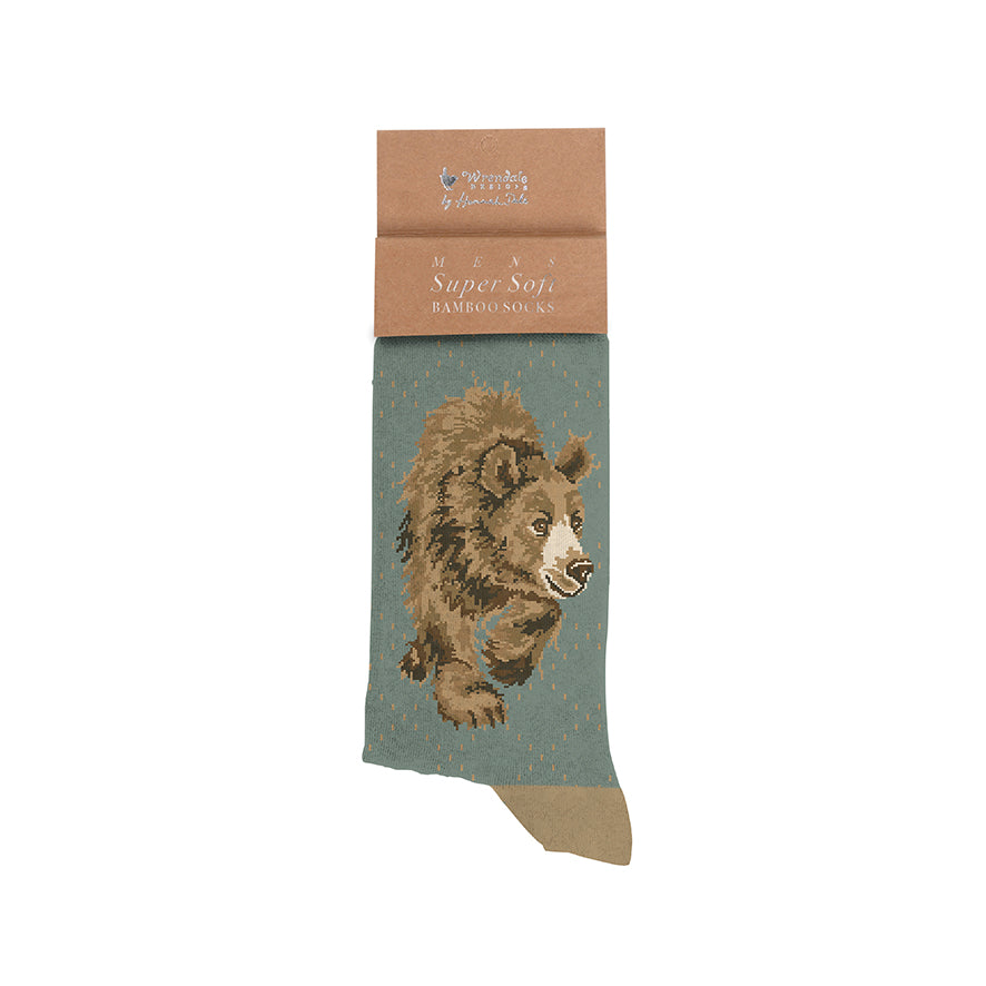 Sock with bear design and packaging on a white background