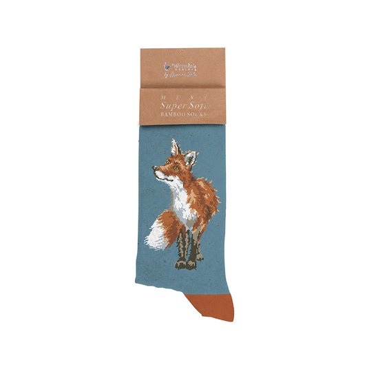 Sock with fox design on a blue background, packaging visible