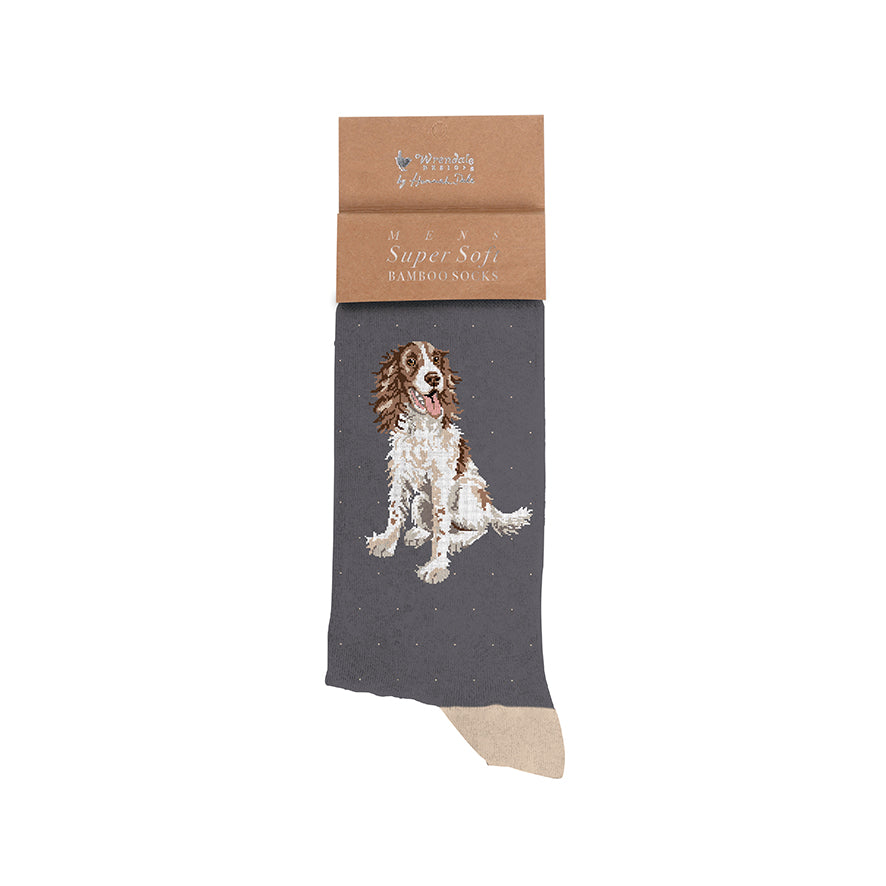 Grey sock with a dog design on a cardboard packaging