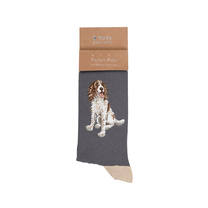Grey sock with a dog design on a cardboard packaging