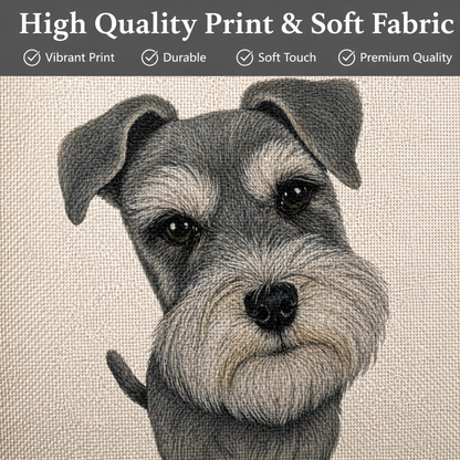 A close-up of a printed fabric featuring a detailed sketch-style portrait of a grey and white Schnauzer dog on a beige woven background. A dark grey banner at the top reads 'High Quality Print & Soft Fabric' with feature checkmarks: 'Vibrant Print,' 'Durable,' 'Soft Touch,' and 'Premium Quality.