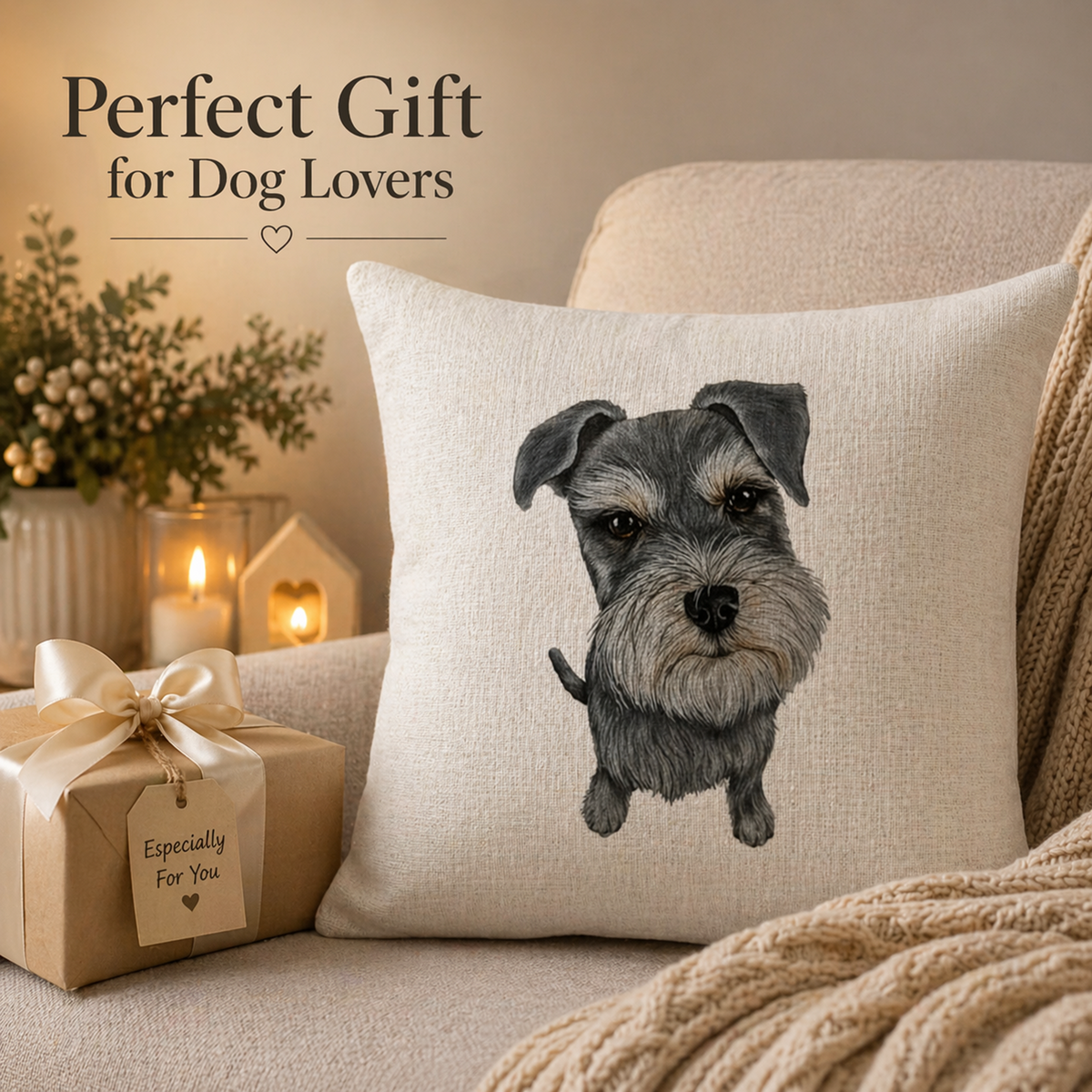 A square beige throw pillow with a detailed illustration of a Schnauzer grey and white dog, styled on a beige sofa next to a wrapped gift box and a cosy knit blanket. Text overlay reads 'Perfect Gift for Dog Lovers'.
