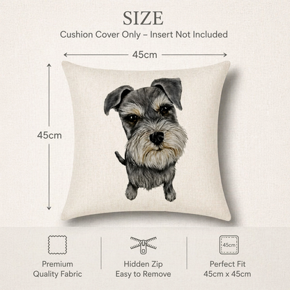 Size diagram for a square cushion cover showing a Schnauzer dog portrait on a cream fabric background, with text indicating 45cm by 45cm dimensions and feature callouts below.