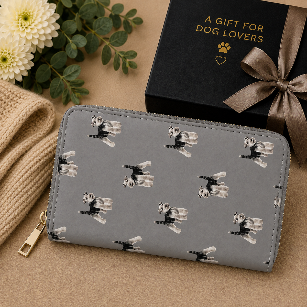 A grey zip-around wallet with a repeating black-and-white Schnauzer dog print, styled on a tan surface with a black gift box, flowers, and a knit sweater nearby.