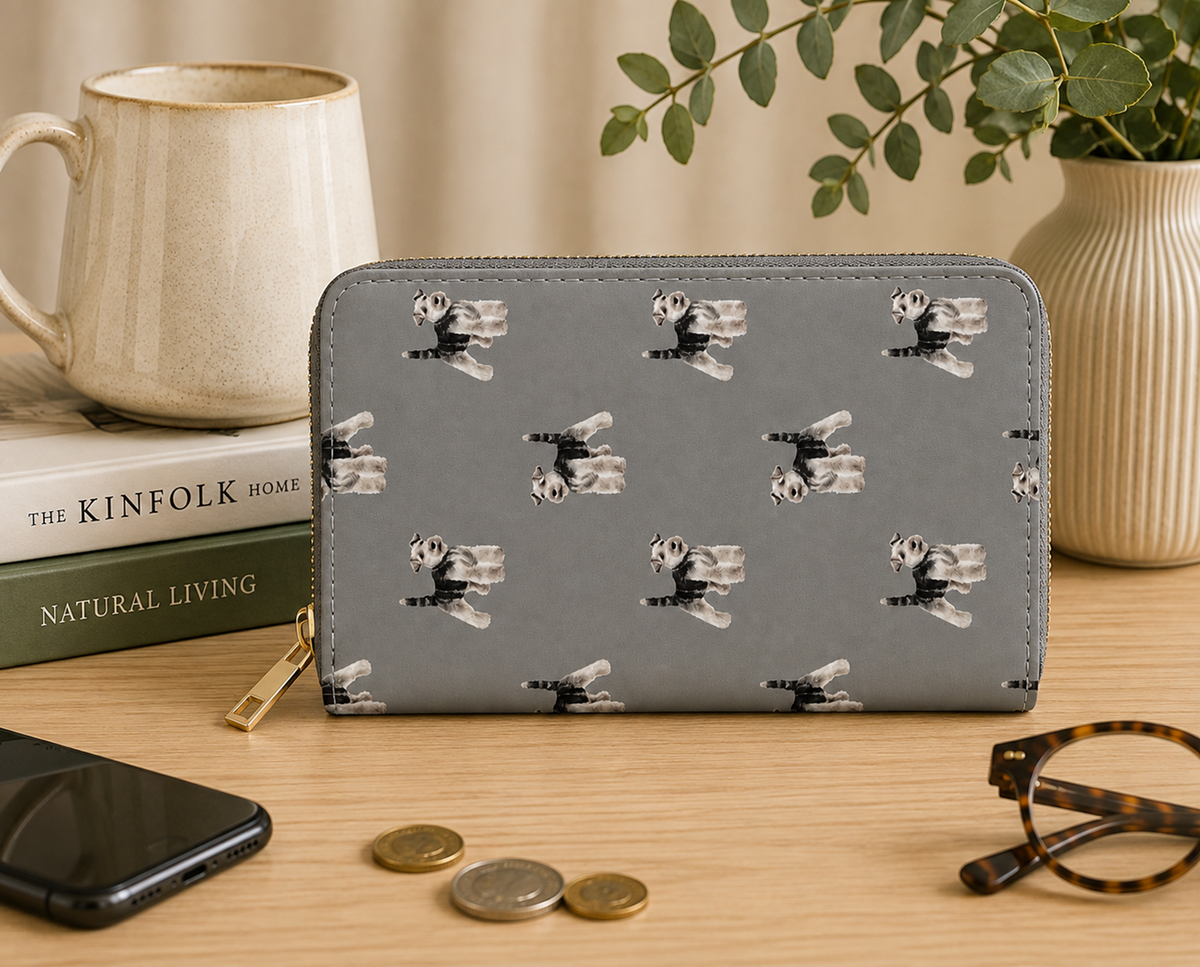 A grey zip-around wallet with a repeating black-and-white Schnauzer dog print, styled on a wooden tabletop with a mug, book, phone, coins, glasses, and a potted plant in the background.
