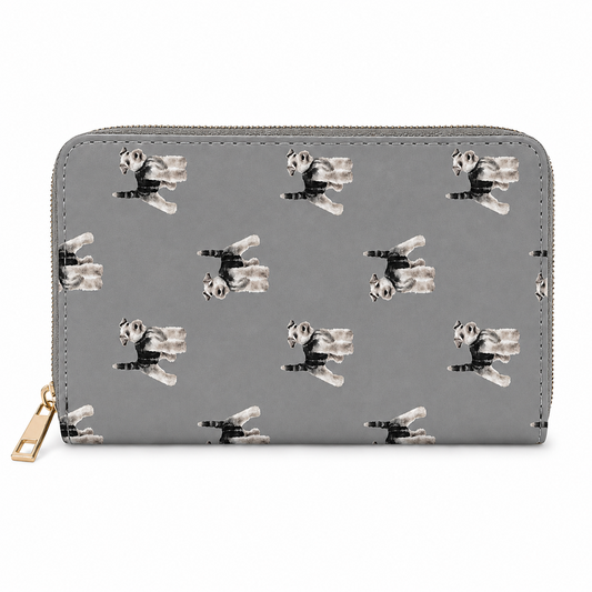 A grey zip-around wallet with a repeating print of black and white Schnauzer dogs in various poses, shown on a plain white background.