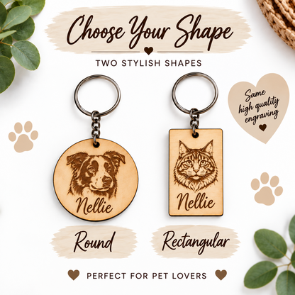 Custom pet keychains shown in two shapes: a round keychain engraved with a dog portrait and a rectangular keychain engraved with a cat portrait, both labeled 'Nellie'. The image includes text reading 'Choose Your Shape', 'Two Stylish Shapes', 'Round', 'Rectangular', and 'Perfect for Pet Lovers', with decorative leaves, paw prints, and a heart badge.