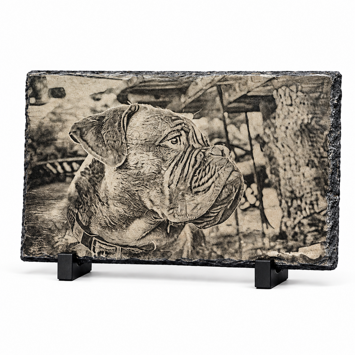 A rectangular slate plaque featuring a detailed black and white sketch of a bulldog, displayed on a clean white background with two small black stands.