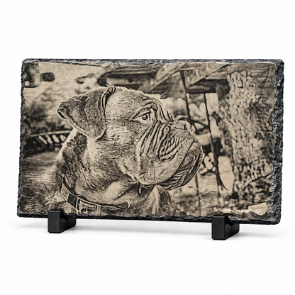 A rectangular slate plaque featuring a detailed black and white sketch of a bulldog, displayed on a clean white background with two small black stands.