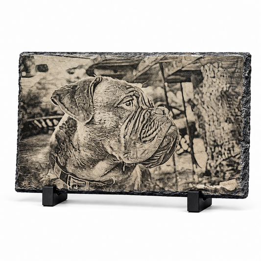 A rectangular slate plaque featuring a detailed black and white sketch of a bulldog, displayed on a clean white background with two small black stands.