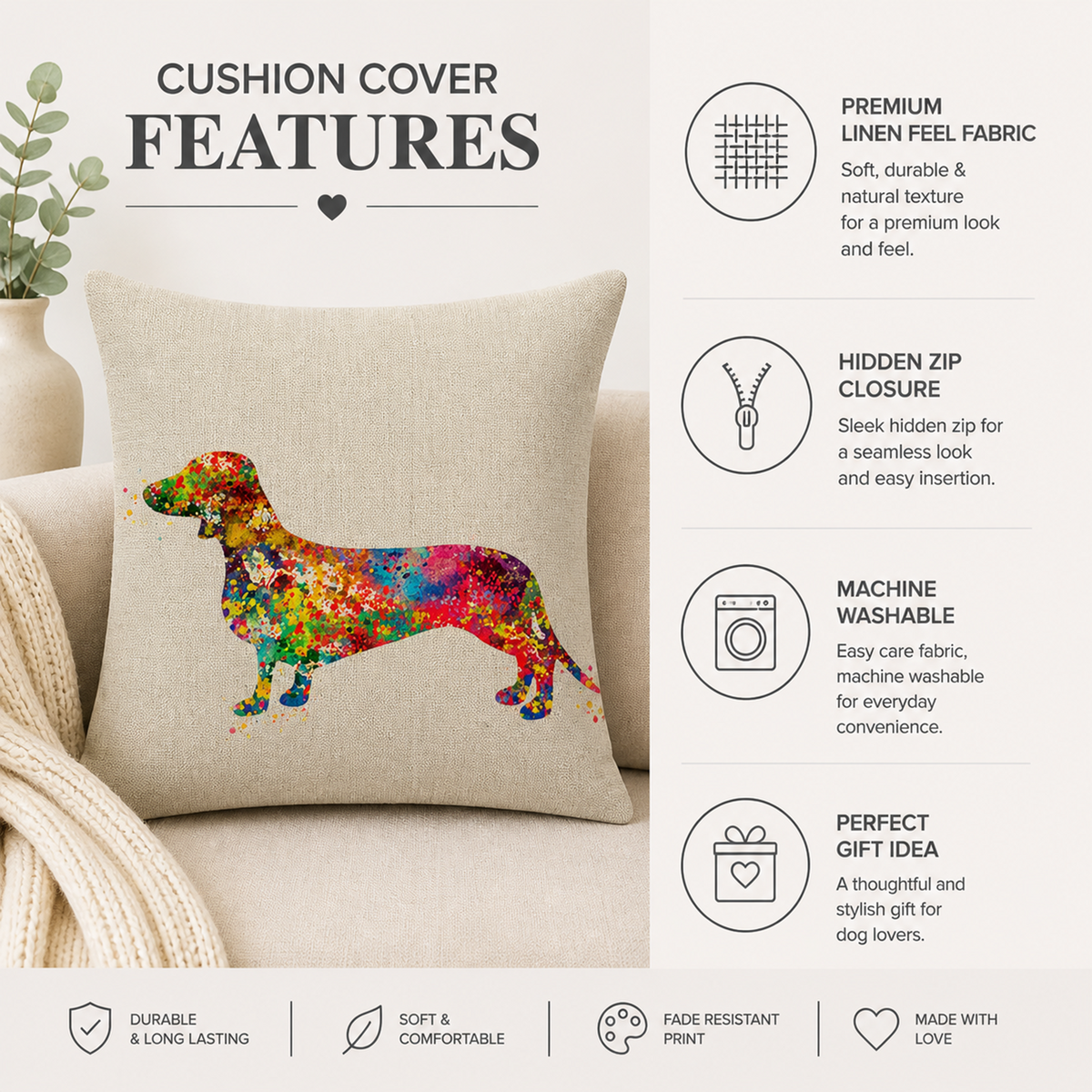 A beige cushion cover featuring a colorful watercolor-style dachshund dog illustration, shown on a sofa in a styled interior setting. The left side shows the cushion cover in use, while the right side lists product features on a white background.