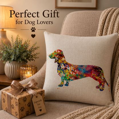 A square beige cushion cover pillow with a colourful watercolour dachshund design, styled on a cosy armchair next to a wrapped gift box with paw-print accents. Text overlay reads 'Perfect Gift for Dog Lovers'.