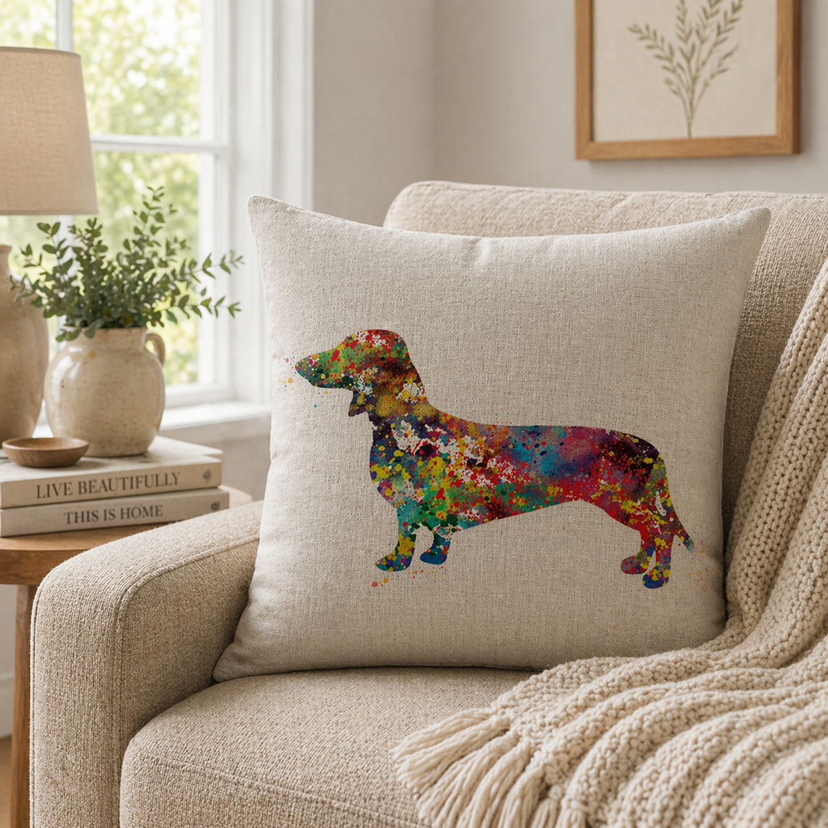 A square beige linen cushion cover pillow with a colourful watercolour dachshund design, styled on a cosy cream-colored armchair in a bright, modern living room setting.