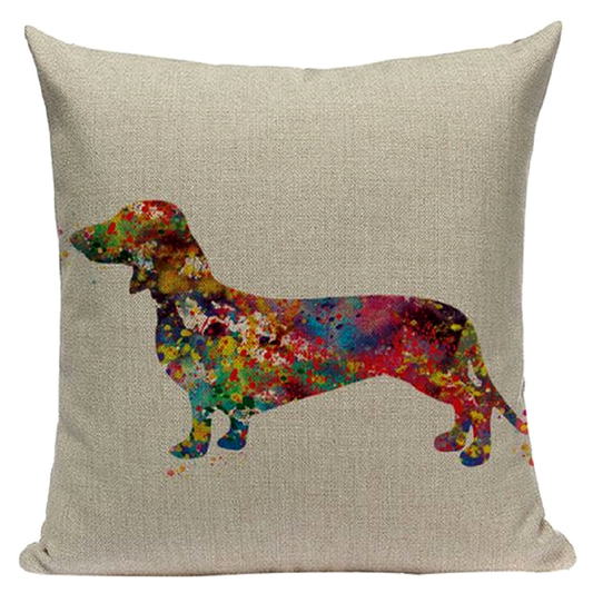 Decorative pillow cushion cover with a colourful smooth dachshund silhouette on a beige background