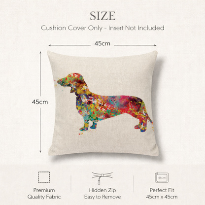A square cushion pillow cover on a light beige fabric background, featuring a colourful watercolour-style dachshund silhouette. The image includes size annotations showing 45cm width and 45cm height, with text stating 'Cushion Cover Only - Insert Not Included' and feature icons below.