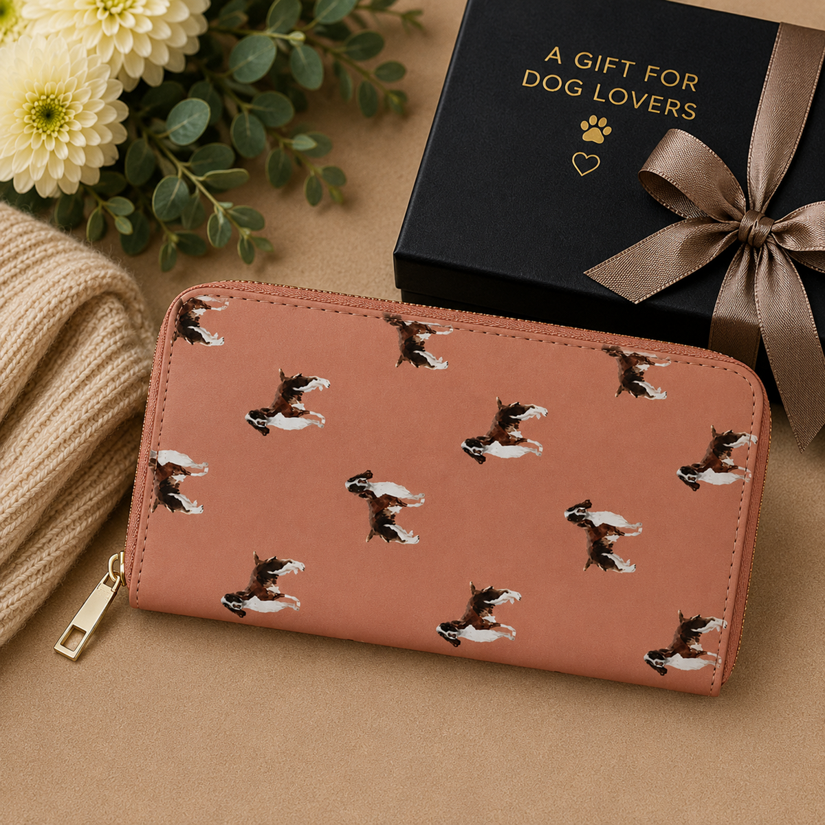 A rectangular zip-around wallet in dusty pink with a repeating print of small black-and-white Springer Spaniel dogs, styled on a tan surface beside a black gift box that reads 'A GIFT FOR DOG LOVERS' and a beige knit blanket.