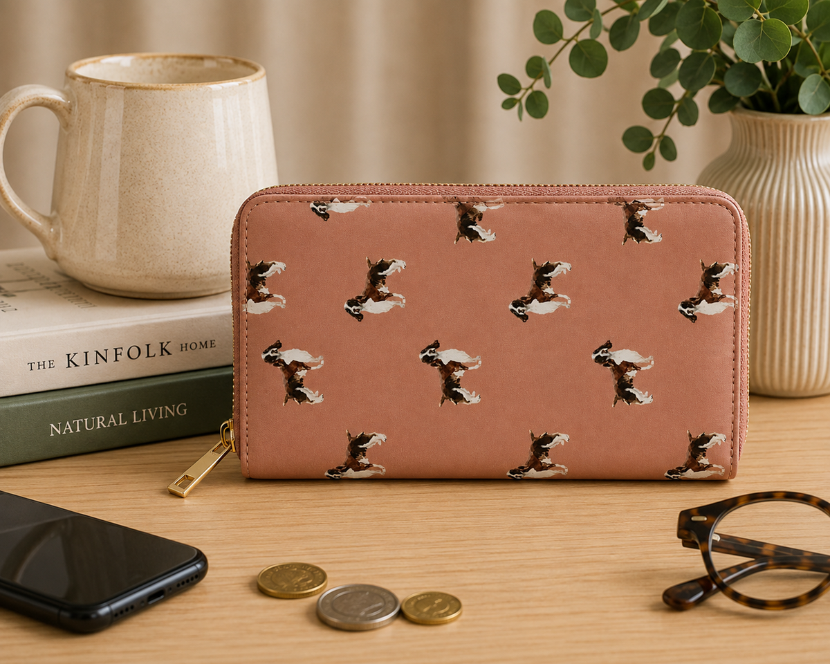 A pink zip-around wallet with a repeating black-and-white Springer Spaniel dog print, styled on a wooden tabletop with a mug, books, phone, coins, and eyeglasses nearby.