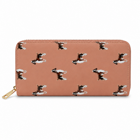 A pink Springer Spaniel dog print purse.