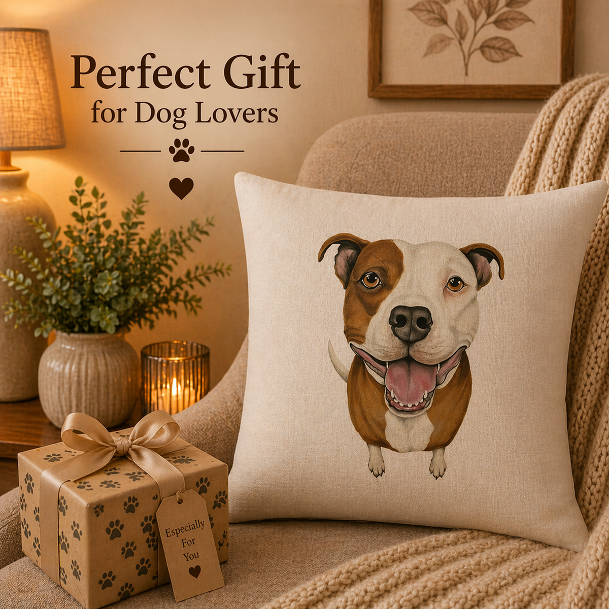 A square cushion cover with a printed illustration of a brown and white  Staffordshire Bull Terrier dog face, styled on a cosy armchair in a warm living room setting with a wrapped gift box and the text 'Perfect Gift for Dog Lovers'.