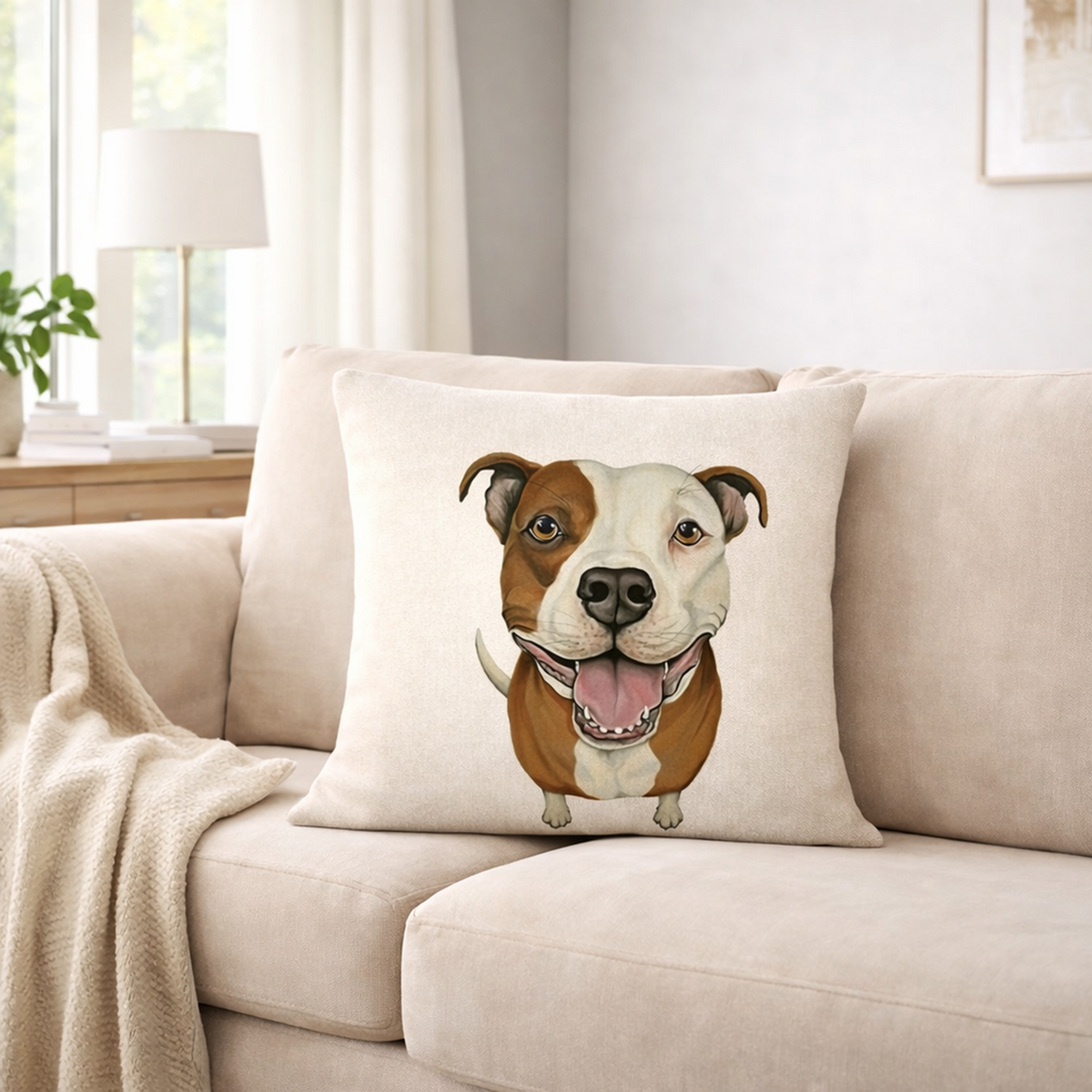 A square cushion cover featuring a printed illustration of a brown and white  Staffordshire Bull Terrier dog, resting on a beige sofa in a bright, modern living room.