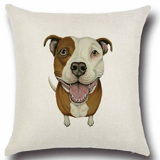 Cushion cover with a Staffordshire Bull Terrier dog illustration on a beige background
