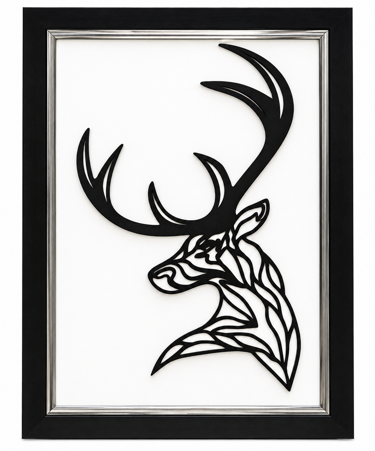 Black metal deer head wall art with antlers, displayed in a square black frame with a silver inner border on a white background.