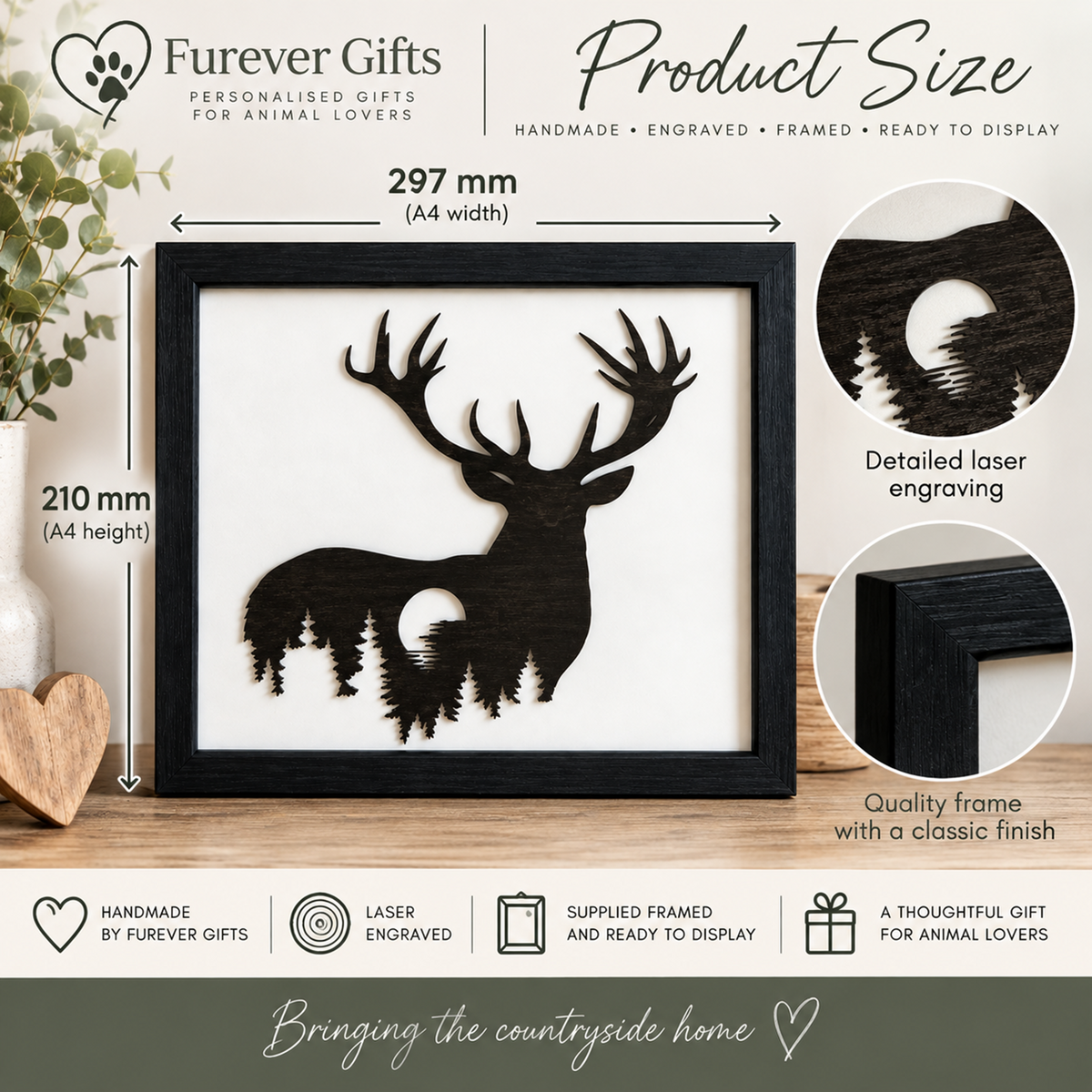 Product size and feature infographic for a framed deer silhouette art print by Furever Gifts. The image shows a black wooden deer silhouette with a forest and moon design on a white background, inside a black frame.