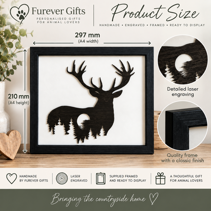 Product size and feature infographic for a framed deer silhouette art print by Furever Gifts. The image shows a black wooden deer silhouette with a forest and moon design on a white background, inside a black frame.