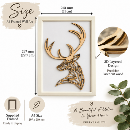 A framed laser-cut wooden deer wall art piece shown on a clean white background with size annotations, a close-up of the layered wood design, and text noting it is supplied in a framed A4 size and ready to display. Brand text 'FOREVER GIFTS' appears in the lower right.