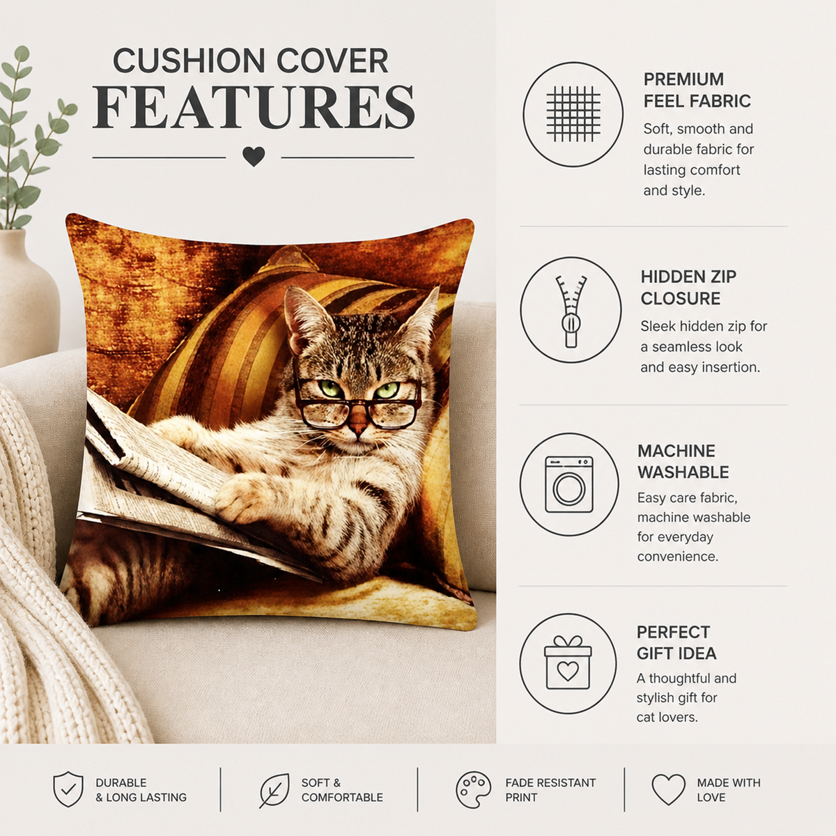 A cushion cover featuring a printed image of a tabby cat wearing round glasses and reading a book, styled on a sofa. The image includes feature callouts on the right side describing premium feel fabric, hidden zip closure, machine washable fabric, and perfect gift idea.