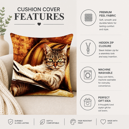 A cushion cover featuring a printed image of a tabby cat wearing round glasses and reading a book, styled on a sofa. The image includes feature callouts on the right side describing premium feel fabric, hidden zip closure, machine washable fabric, and perfect gift idea.