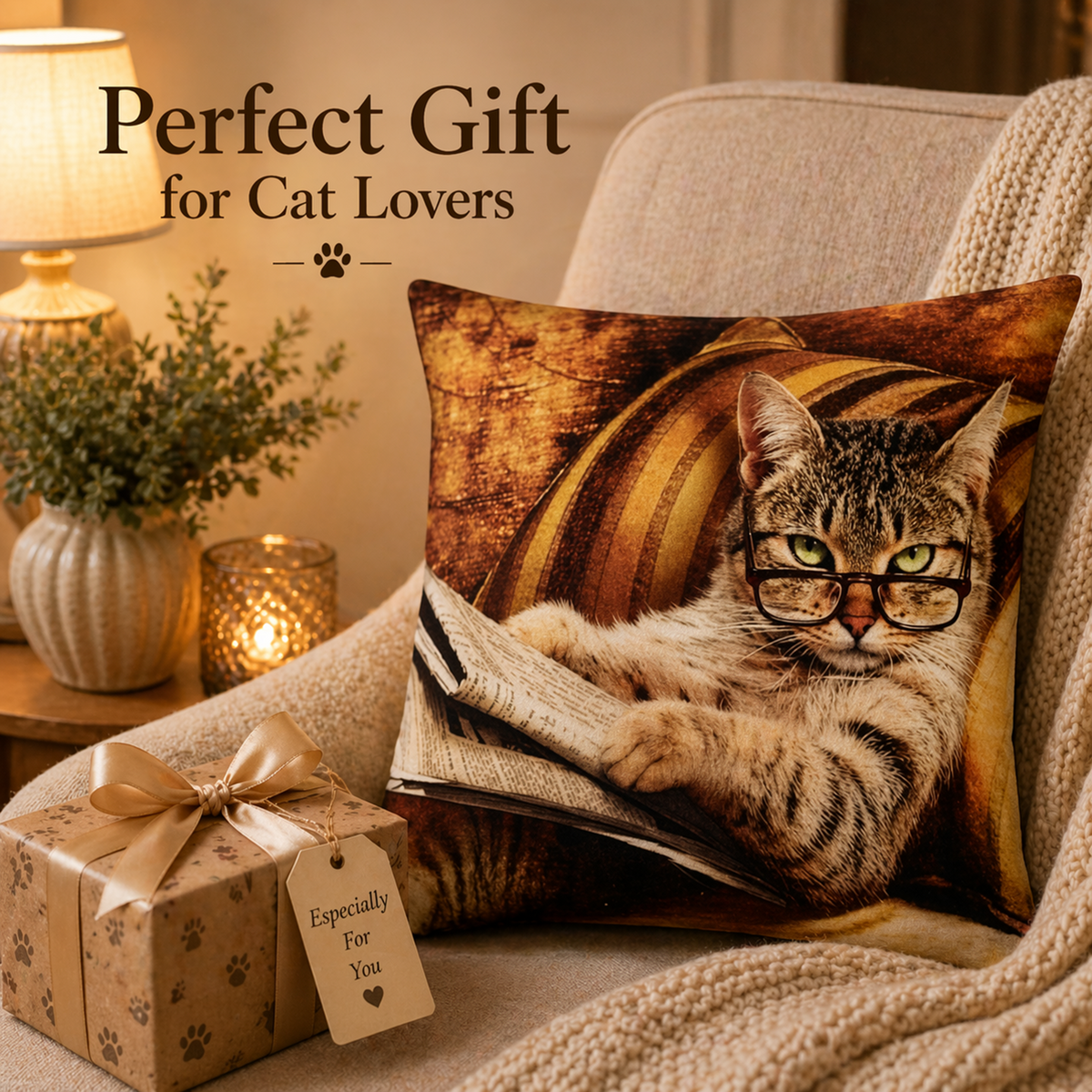 A decorative cushion cover featuring a printed image of a tabby cat wearing glasses and reading a newspaper, styled on a beige armchair next to a wrapped gift box with paw-print packaging and the text 'Perfect Gift for Cat Lovers'.
