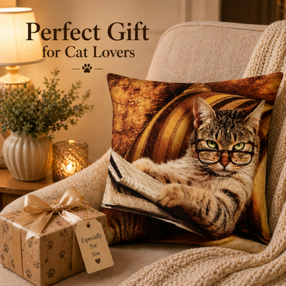 A decorative cushion cover featuring a printed image of a tabby cat wearing glasses and reading a newspaper, styled on a beige armchair next to a wrapped gift box with paw-print packaging and the text 'Perfect Gift for Cat Lovers'.