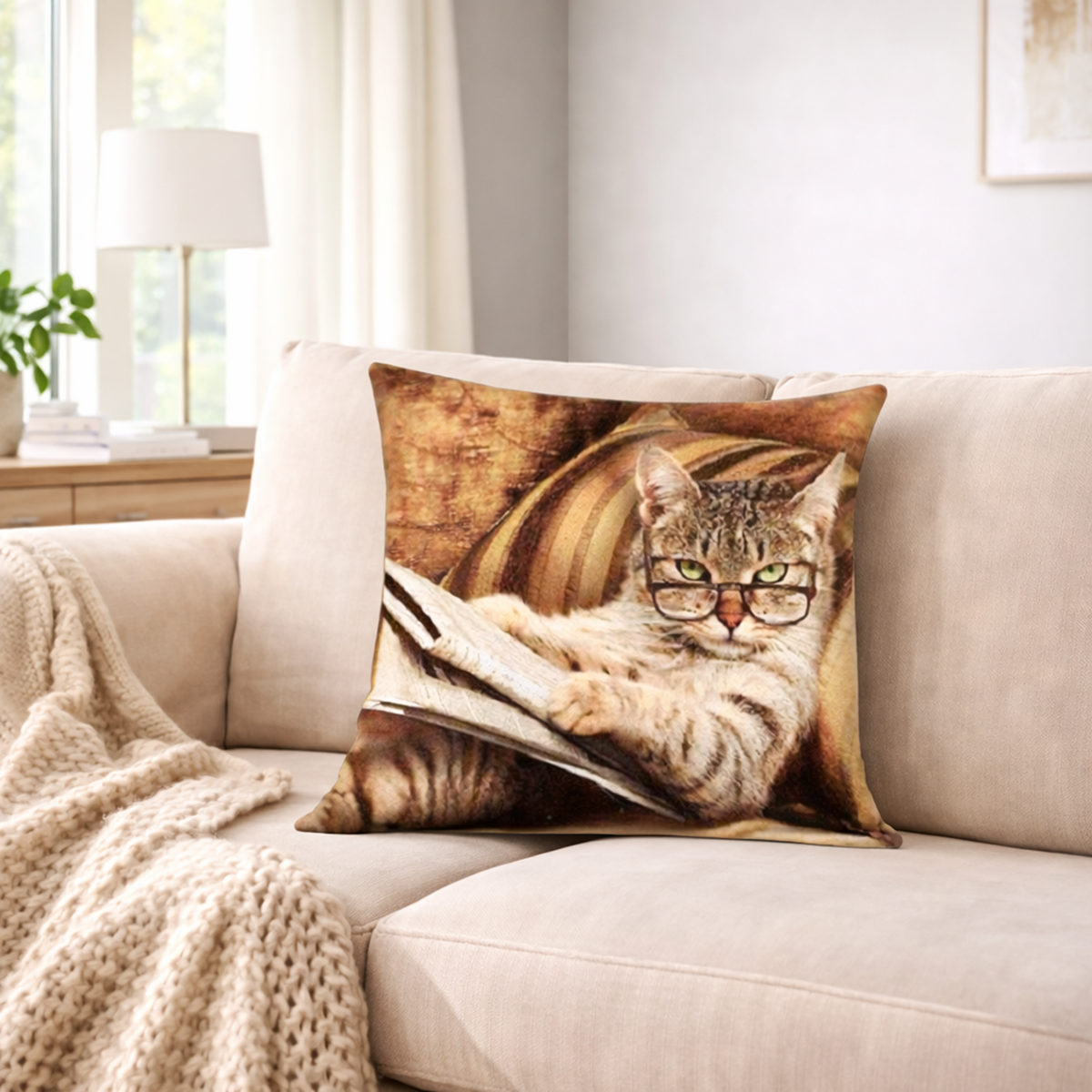 A square cushion cover featuring a printed image of a tabby cat wearing glasses and reading a book, styled on a beige sofa in a bright living room.