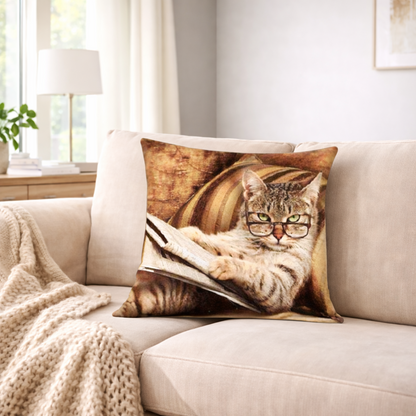 A square cushion cover featuring a printed image of a tabby cat wearing glasses and reading a book, styled on a beige sofa in a bright living room.