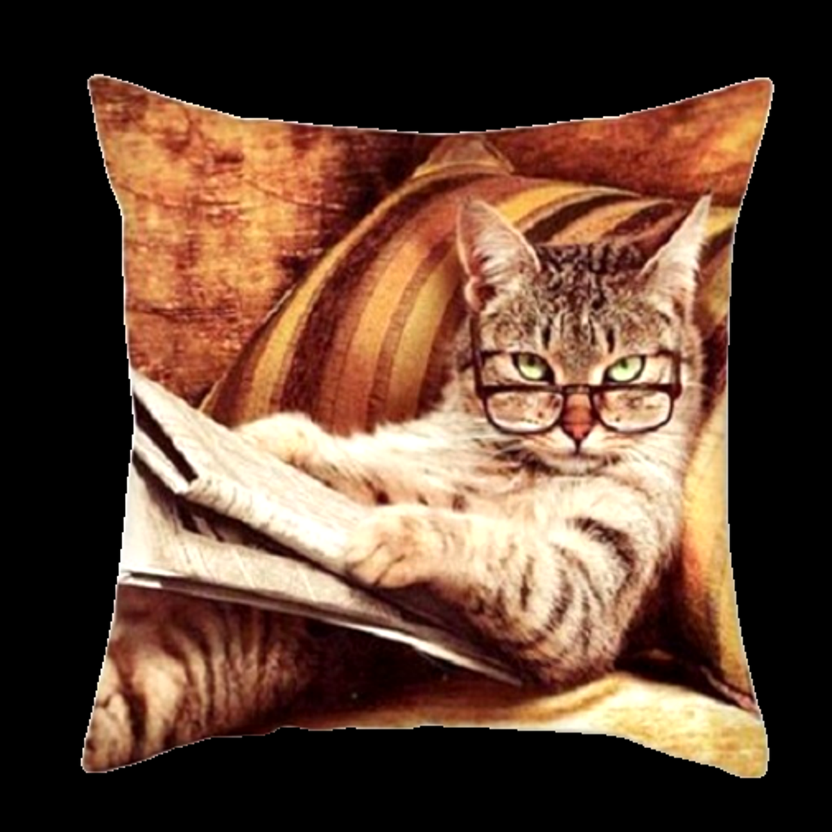 Cushion cover with a cat wearing glasses and reading a book design.