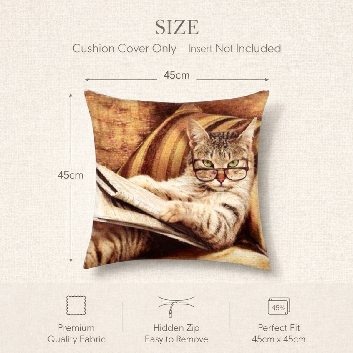 Size diagram for a square cushion cover showing a printed cat illustration with dimensions labeled as 45cm by 45cm, on a light beige textured background with text noting the cushion cover only and insert not included.