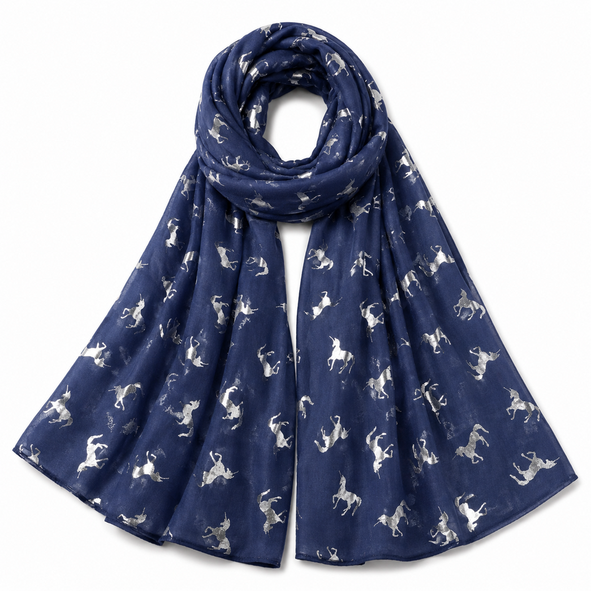 A denim blue scarf with a repeating pattern of silver unicorn silhouettes, draped in a loop on a plain white background.