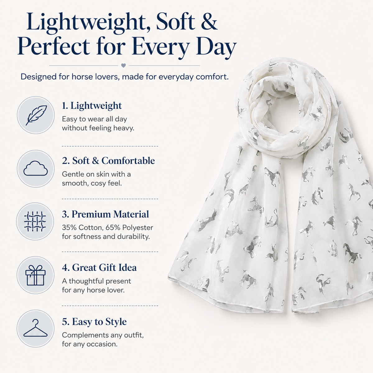 A lightweight white scarf with a silver unicorn pattern, styled in a loop on the right side of a light beige graphic background. The left side features marketing text and bullet points highlighting the scarf's qualities: lightweight, soft and comfortable, premium material, great gift idea, and easy to style.