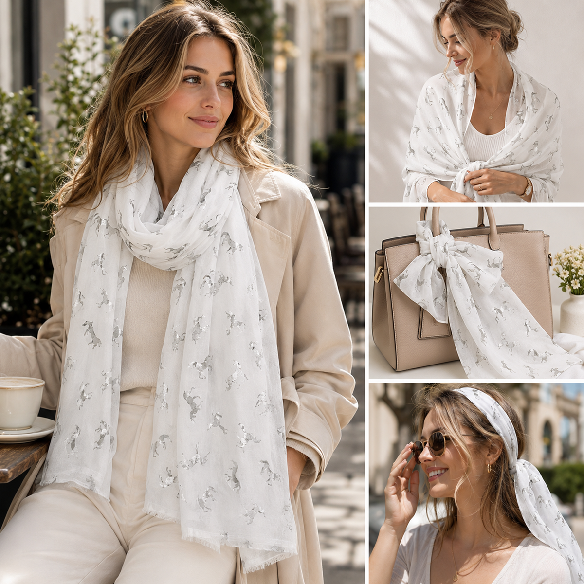 A woman modelling a lightweight white scarf with a delicate silver unicorn pattern in an outdoor cafe setting, shown alongside three smaller inset images demonstrating the scarf styled on the shoulder, wrapped around a handbag, and tied as a headband.