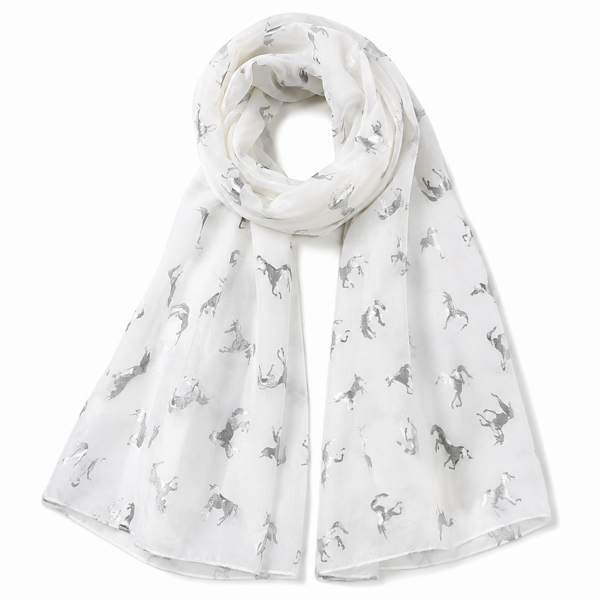 White scarf with silver foil unicorn pattern on a white background