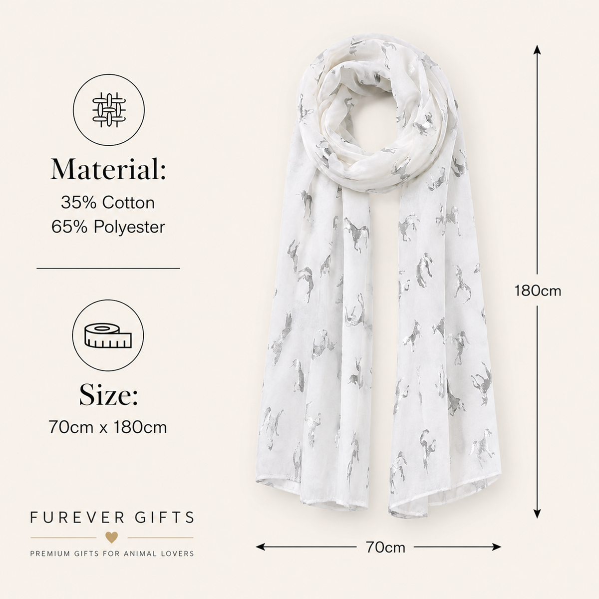 A white lightweight scarf with a silver unicorn  pattern, shown with dimension lines and text indicating measurements of 70cm by 180cm and material composition of 35% cotton and 65% polyester. The brand name 'Furever Gifts' is visible at the bottom left.