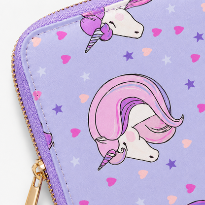 A close-up of a lavender zippered pouch or wallet featuring a repeating cartoon unicorn print in pink, purple, white, and light blue, with a gold zipper.