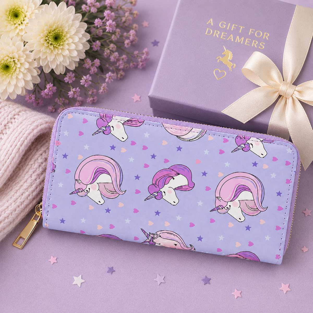 A pastel purple zip-around wallet with a unicorn print, styled on a lavender surface next to a matching gift box with a cream ribbon and flowers.