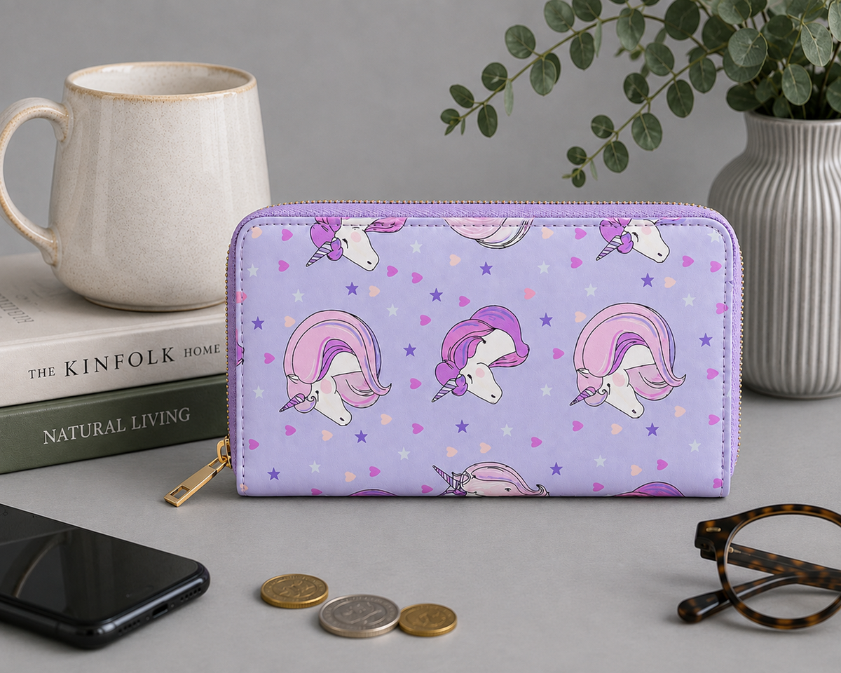 A lavender zip-around wallet with a repeating unicorn print, styled on a tabletop with a mug, books, phone, coins, glasses, and a plant in the background.
