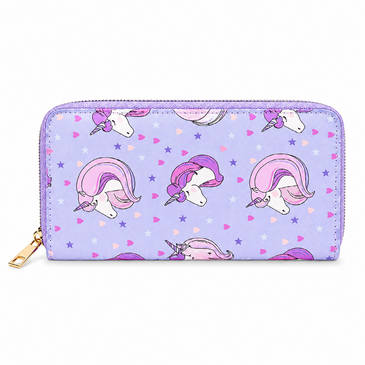 A lavender zip-around wallet with a repeating pattern of pink and purple unicorns, hearts, and stars, featuring a gold-tone zipper pull on a white background.
