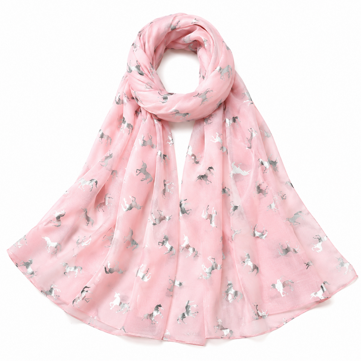 A light pink scarf with a repeating pattern of small silver unicorns, draped in a loose loop against a plain white background.