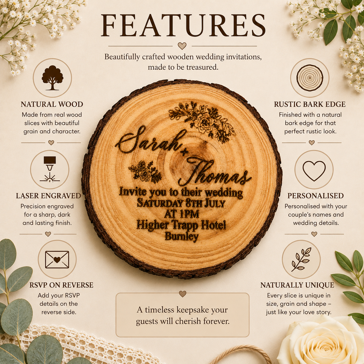 A promotional graphic for a personalised wooden wedding invitation, showing a round natural wood slice with engraved text in the center and surrounding feature callouts on a warm beige background with decorative leaves and ribbon.