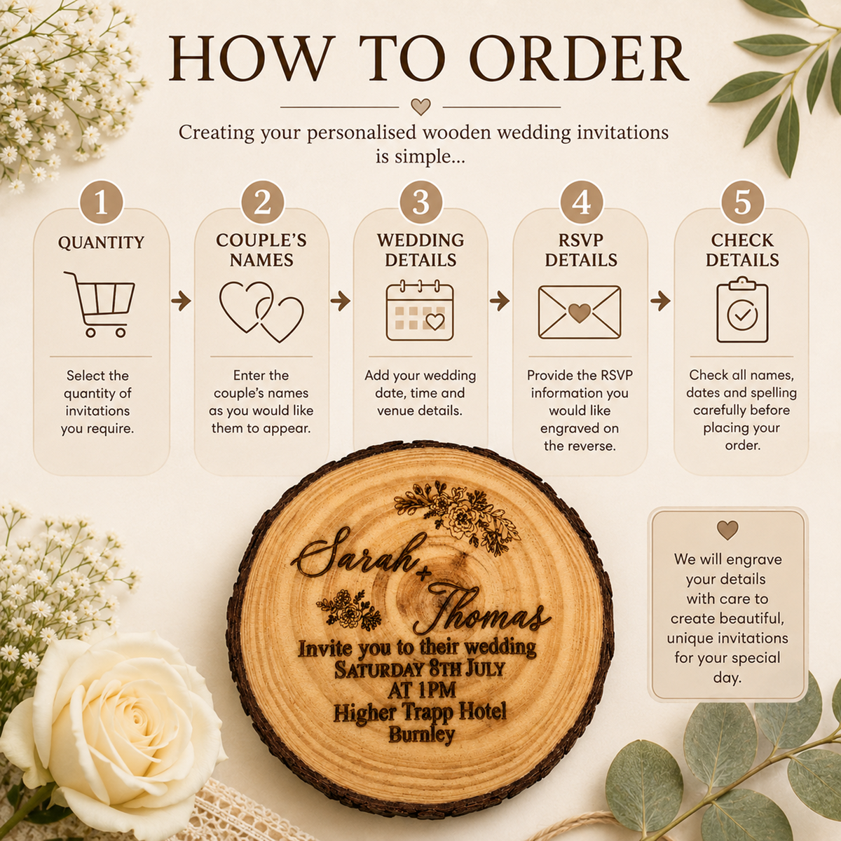 A decorative ordering infographic for personalised wooden wedding invitations. The design has a warm cream background with floral corner accents, the large heading 'HOW TO ORDER' at the top, and five numbered steps with icons explaining quantity, couple's names, wedding details, RSVP details, and checking order details.